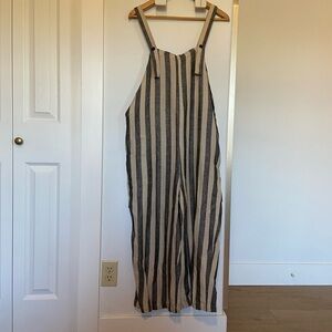 ICHI Linen Striped Black and Tan Jumpsuit Overall